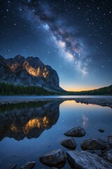 Obraz premium starry sky over a mountain range reflecting in a lake