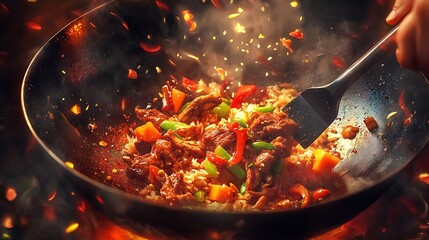 Chef cooks meat and rice in wok over fire