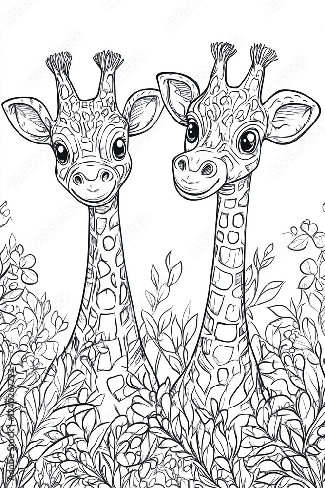 Poster two giraffes are standing next to each other in a forest. the giraffes are smiling and looking at th