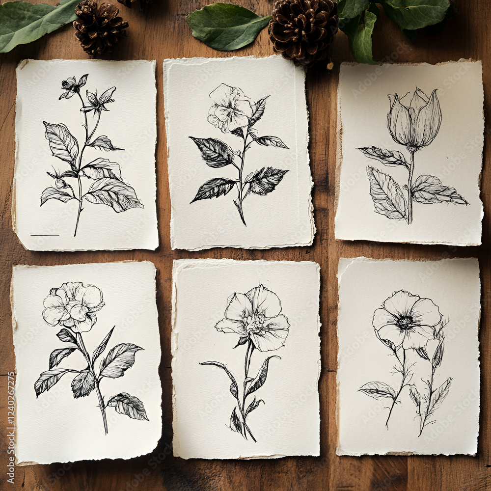 Poster botanical sketches: collection of delicate botanical sketches of various flowers with intricate deta