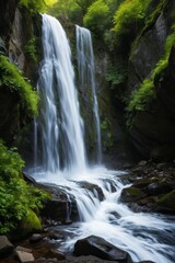 Naklejka premium waterfall in the middle of a rocky gorge with a green forest