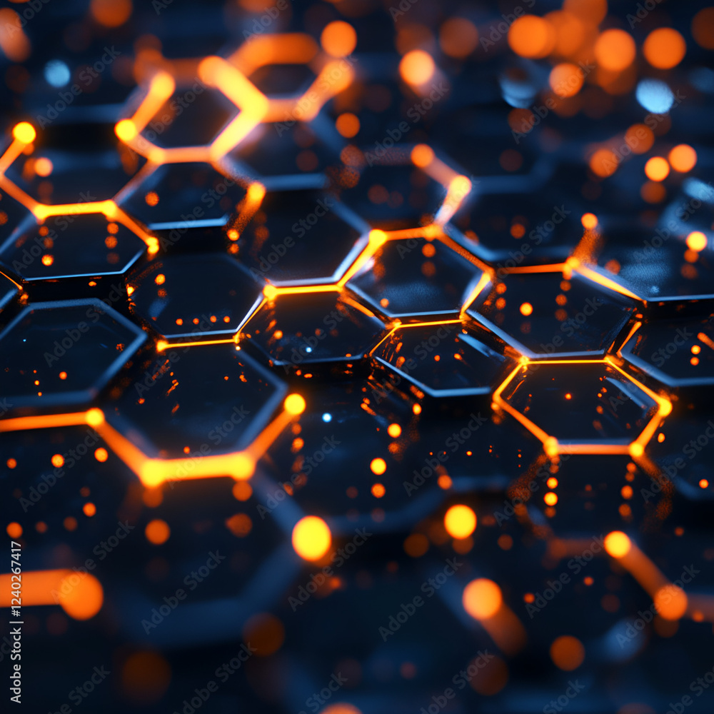 Poster hexagon tech: abstract hexagonal pattern with illuminated orange lights, perfect for technology and 