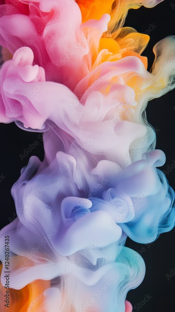 Poster colorful abstract shapes flowing harmoniously in swirling patterns on a black background