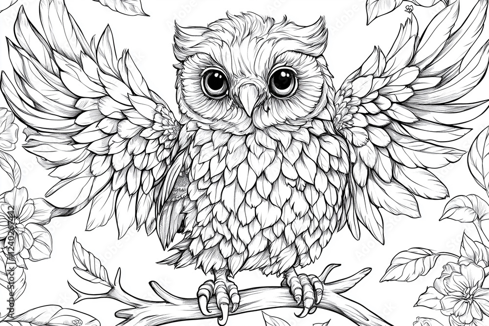 Poster drawing of an owl with its wings spread out. the owl is looking at the camera with a curious express