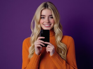 Beautiful Blonde Woman with Orange Sweater, Taking Selfie