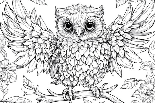 drawing of an owl with its wings spread out. The owl is looking at the camera with a curious expression. The image has a peaceful and calming mood. Coloring book page.
