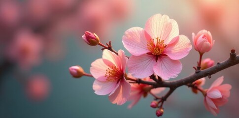 Delicate Pink Blossoms on a Branch at Sunrise, Showcasing Soft Petals and Golden Center