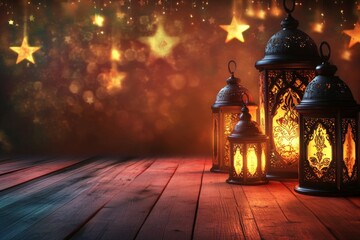 Fototapeta premium Enchanted Ramadan Night: Glowing Lanterns and Starry Sky