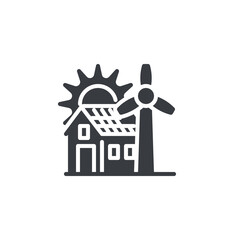 A house with solar panel and a wind turbine vector icon