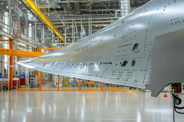 Close-up of a composite wing structure being meticulously inspected by an aerospace engineer in a modern workshop.