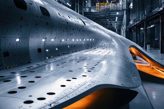 Close-up of a composite wing structure being meticulously inspected by an aerospace engineer in a modern workshop.