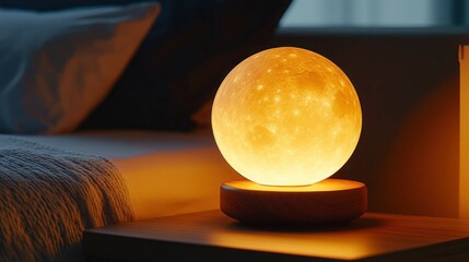 A glowing ceramic moon lamp resting on a sleek wooden base, emitting a soft yellow light on a bedside table.