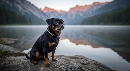 Cute Dog by Mountain Lake at Sunset Peaceful Nature Photography