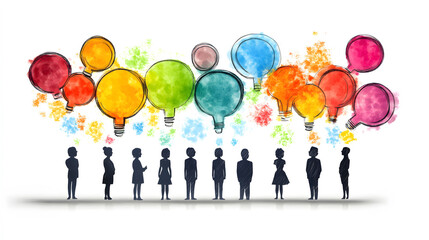 Silhouettes of people stand beneath colorful speech bubbles, symbolizing communication and creativity. vibrant colors and abstract design convey sense of collaboration and idea exchange