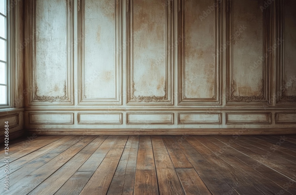 Poster elegant empty room with intricate wall details and large windows during daylight