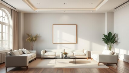 A minimalist living room with spacious walls showcases a mockup of wall art, living room, home, contemporary