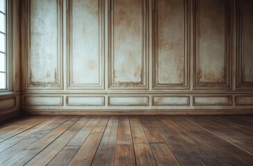 Naklejka premium Elegant empty room with intricate wall details and large windows during daylight