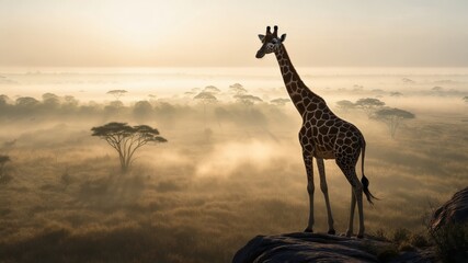 Obraz premium Majestic giraffe overlooking misty savannah at sunrise