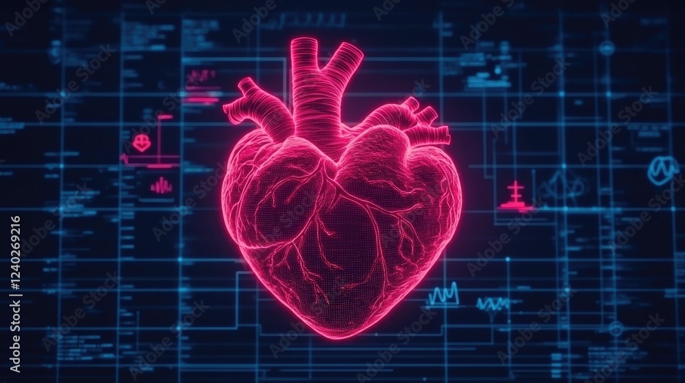 Poster Abstract depicting comprehensive health insurance coverage represented by a glowing heart shape surrounded by various medical icons and technology elements