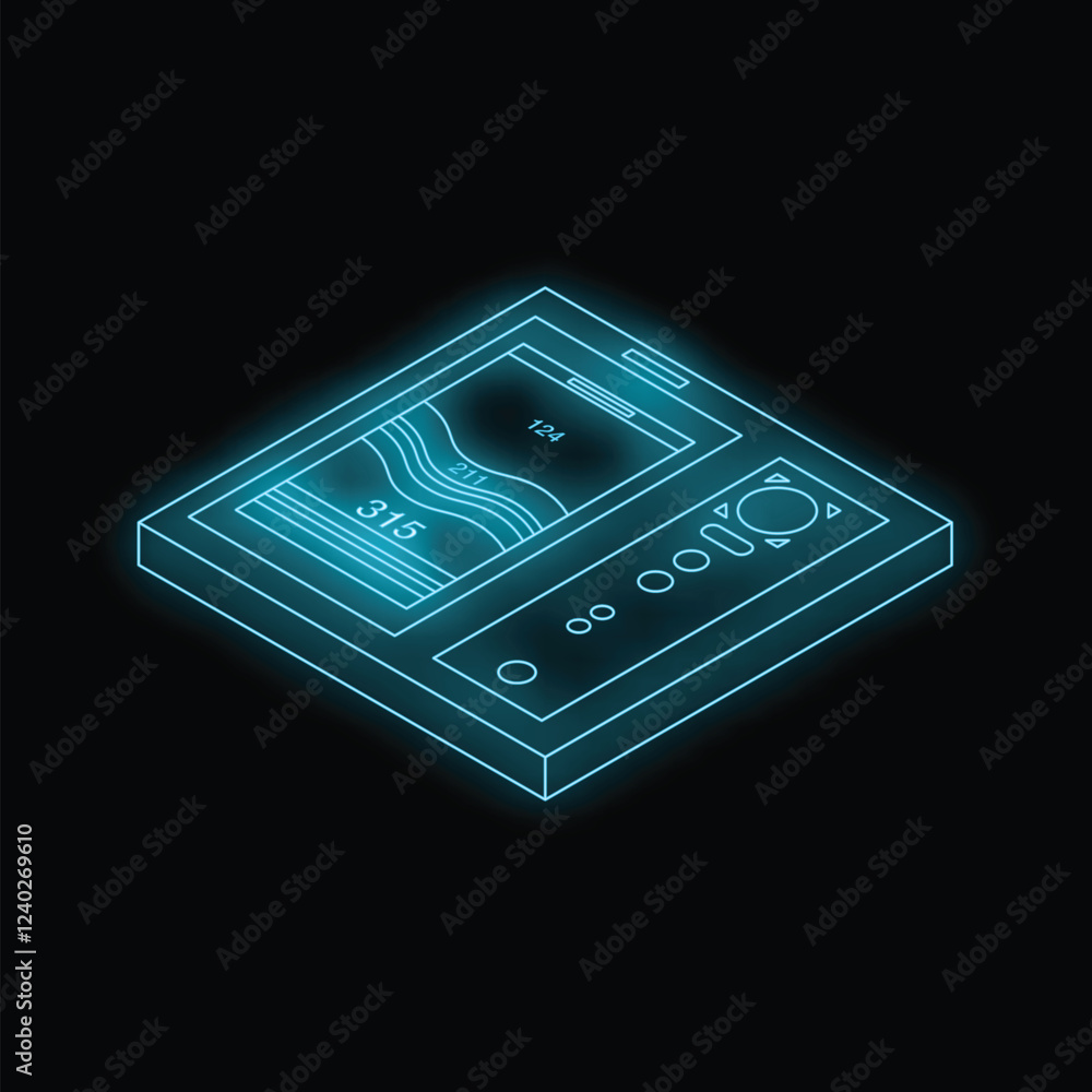 Poster glowing blue outline of a futuristic mobile device showcasing data visualization and interactive con