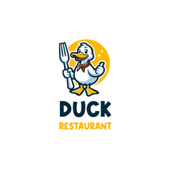 Playful Duck Mascot Holding Fork Food Restaurant Company Logo Design