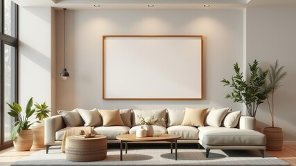 A mockup of a modern living room wall art with natural decor elements, natural, decor, stylish