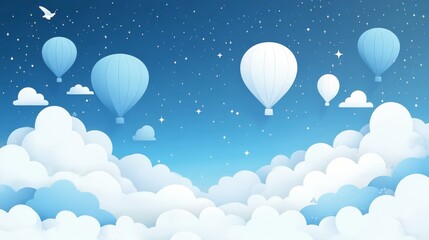 Obraz premium White hot air balloons floating above fluffy clouds in a blue sky setting