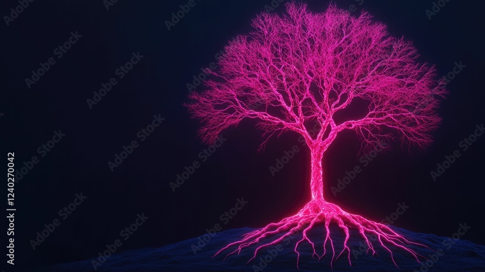 Poster surreal and captivating digital of a glowing abstract tree with roots made up of medical tools and b