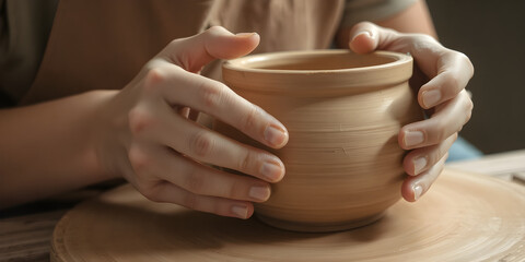 A close-up of a student’s hands sculpting a bright ceramic pot, wet clay shining under soft light