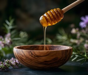 Honey Dripping Into Wooden Bowl With Herbs