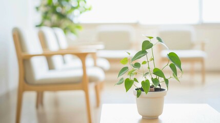 Calm therapist sitting in a serene therapy room with a soft-lit couch and a potted plant, symbolizing mental health support and emotional healing for depression.