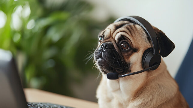 pug dog using computer while wearing headset 