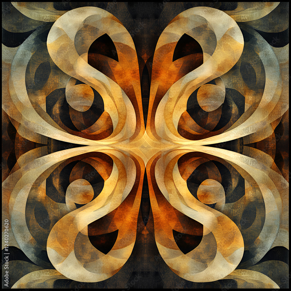 Poster abstract pattern: an intricate, symmetrical pattern bursts forth with warm hues. organic shapes danc