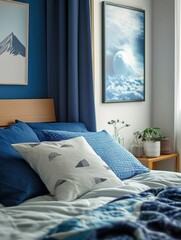 Serene Blue Bedroom with Mountains and Clouds