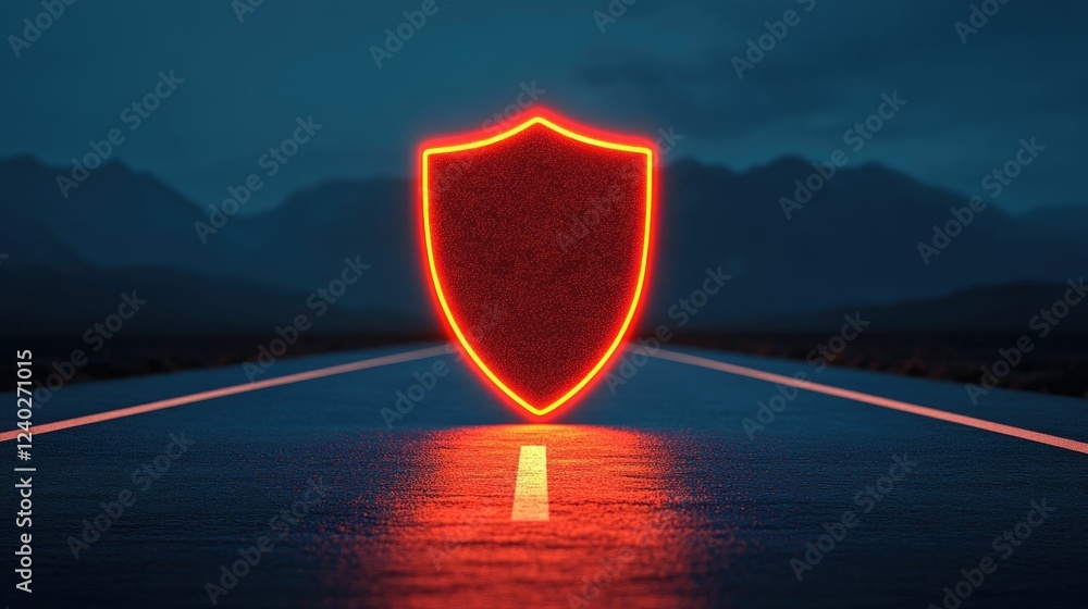 Poster a digital rendering of a road leading to a glowing insurance shield representing a safe and secure j