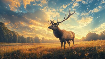 Majestic Elk Standing in a Field at Sunrise