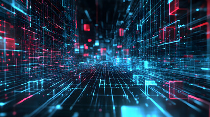 Obraz premium futuristic digital landscape with glowing blue and red lines and grids, representing data flow and technology. abstract design suggests virtual network or cyberspace environment