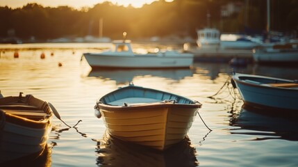 Obraz premium Boats gently bob on the water at sunset, casting soft reflections and exuding peace and boating charm.
