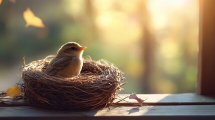 Nesting bird enjoying sunlight by the window in a cozy indoor setting