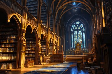 Fototapeta premium Grand library interior with stained glass window and ornate bookshelves.