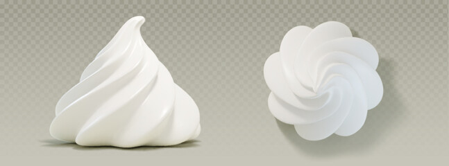 Whipped cream 3d elements top and side view - realistic soft swirled dairy topping with smooth texture and delicate peaks. Sweet food decoration on transparent background. Twirled custard icing.