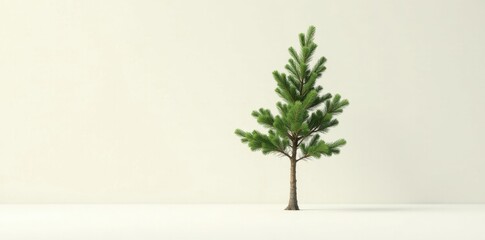 Obraz premium A Single Young Evergreen Tree on a Neutral Background, Ideal for Nature-Themed Designs and Projects that Need a Simple, Elegant, and Clean Visual