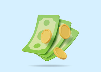 3D vector render illustration of green banknote and gold coin icon minimalist concept of cash, payment, income and wealth including financial transactions, investment, economy, business, banking.