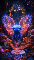 Cinematic image of a bioluminescent being with blue eyes translucent wings and an enchanting glow as it moves through a colorful mandala surrounded by giant mushrooms and rainbow neon lights