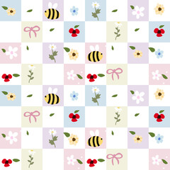 Vector pattern of fabric, wallpaper, wrapping paper, mats and bed sheets. Continuous in various sizes and repeatable. Cute style. Plaid pattern decorated with cute flowers and bees.