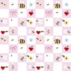 Vector pattern of fabric, wallpaper, wrapping paper, mats and bed sheets. Continuous in various sizes and repeatable. Cute style. Plaid pattern decorated with cute flowers and bees.