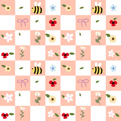 Vector pattern of fabric, wallpaper, wrapping paper, mats and bed sheets. Continuous in various sizes and repeatable. Cute style. Plaid pattern decorated with cute flowers and bees.