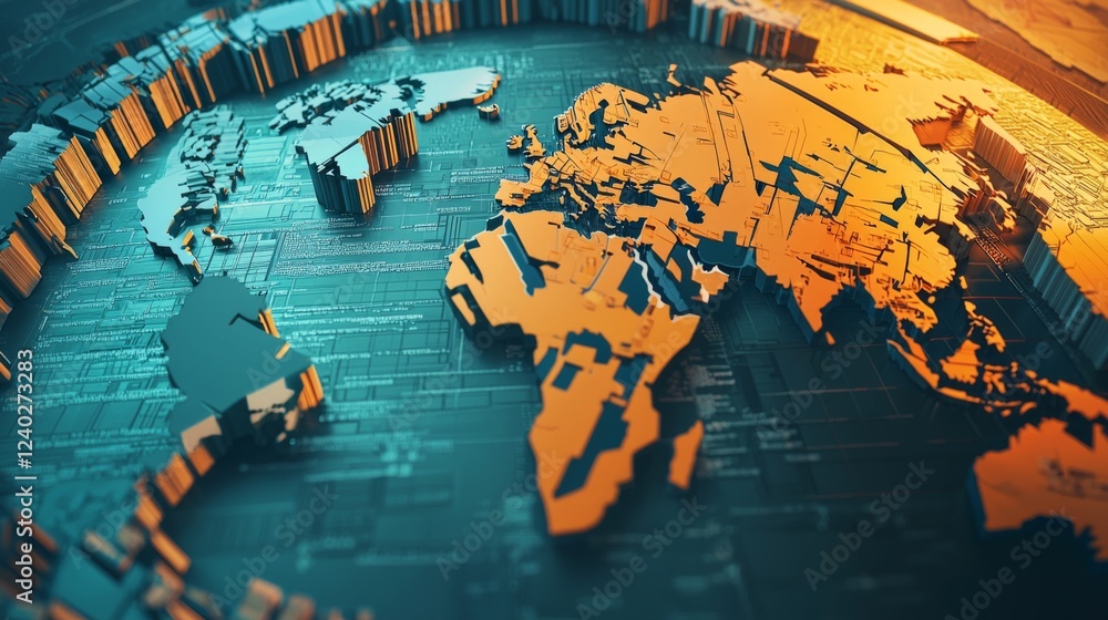 Poster abstract geometric world map in orange and blue colors with digital lines and textures representing 