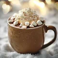 Cozy Cocoa Delight: A steaming mug of rich hot chocolate, generously topped with fluffy whipped cream and marshmallows, creating an inviting image of warmth and comfort.