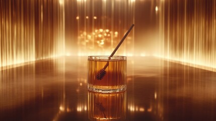 Honey in a jar with a wooden dipper surrounded by fresh green leaves on a bright yellow surface
